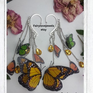 Vlindervleugel fee zilveren oor manchet wrap kroonluchter oorbellen, geen piercing, godin sieraden, boho festival wear, handgemaakt, cadeaus voor haar