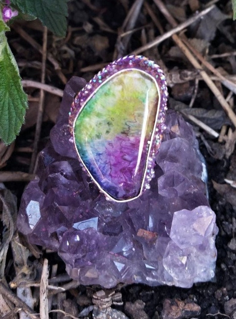 Beauty and Happiness Inside~Druzy Boho Raw Stalactite Crystal Quartz Gemstone 925 sterling silver ring,BoHemian GyPsy Statement Ring size 7
