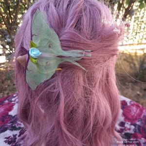 Luna moth butterfly silk organza french bun holder hair long prong fork, wedding accessories,fairy boho hair pin fork, goddess hair pin comb