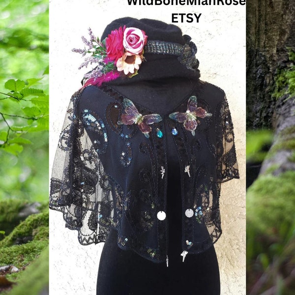 Fairy butterfly art nouveau deco black sequin mesh cape shrug~faerie,fae,woodland,wedding,bellydance flapper wrap shawl~festival capelet