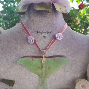 Romantic silk luna moth butterfly choker necklace, boho festival wedding wear, whimsical fairy jewelry, handmade , Gifts for her