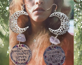 Witchy Moon Stevie Nicks Rhiannon Silver stamped hammered crystal quartz earrings~taken by the wind)Gypsy earrings,music inspirational quote