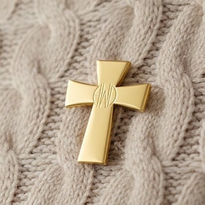 modern circle Monogram, Cross Brooch, 3 Initials Monogram Brooch in 925 sterling silver, Yellow Gold / Rr, Church Events