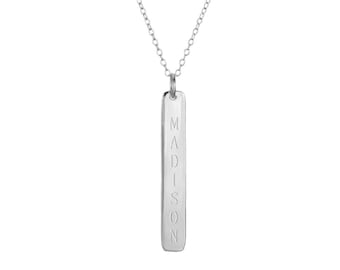 14k solid white gold engravable Silver Vertical Bar Necklace 1 inch initial necklace celebrity nameplate pendant