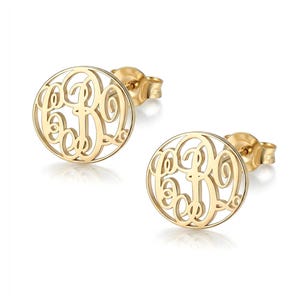 Handgemachte Kreis Monogramm Ohrstecker in Gelb Gold vergoldet Auf 925 Sterling Silber / Massives 14k Gelbgold, NICKEL FREI