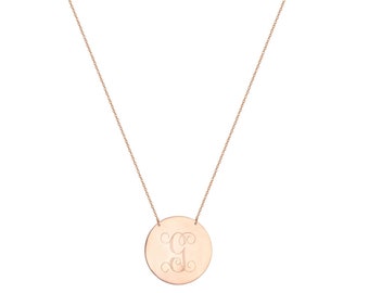 Personalize 18k Rose Gold Disc Necklace Monogram Initial Handmade pendant in 18k rose gold plated 925 sterling silver NICKEL FREE