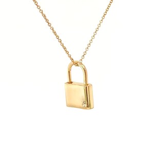 Colar com pingente de bloqueio funcional de diamante real em ouro amarelo prata esterlina 925, colar gravável sem níquel
