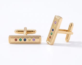 Family Birthstones Bar Cufflinks In 925 Sterling Silver, White, Rose Yellow Gold Plating, NICKEL FREE