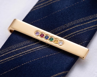 Personalized A Timeline of Love Birthstone Tie Bar | Custom Engraved 925 Sterling Silver Tie Clip | Up to 9 Birthstones | 14k Gold Plating