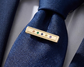 Up to 9 Family Birthstones Tie Tack Bar, Lapel Pin, Brooch Pin, In 925 Sterling Silver, Gold Plated, Solid Gold, NICKEL FREE