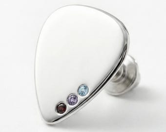 Up to Five Birthstones Guitar Pick Shape Tie Tack, Lapel Pin, Brooch, In 925 Sterling Silver, Gold Plated, Solid 14k Gold