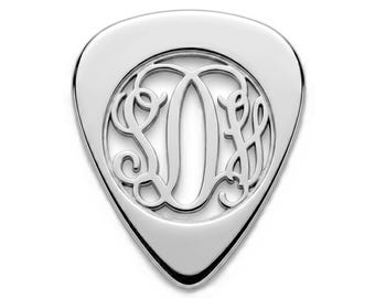 Custom Interlocking Script Monogram Jewelry - Personalized Sterling Silver Guitar Pick - Nickel Free Cut Out Music Gift for Husband or Dad