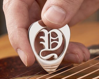 Custom Old English Initial Guitar Pick • 925. Silver Personalized Monogram Jewelry A-Z • See-Through Cut Out, Musician Anniversary Gift