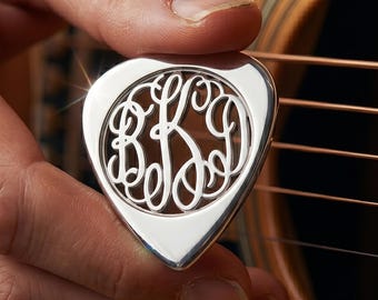 Custom Interlocking Cursive Monogram Jewelry - Personalized Sterling Silver Guitar Pick - Nickel Free Cut Out Music Gift for Husband or Dad