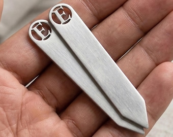 Personalized Hollow Cut-Out Single Initial Collar Stays in Sterling Silver, Gift for Him, Groomsmen, Wedding Party, NICKEL FREE