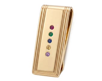 Personalized Family Birthstone Long Money Clip | Custom Back Engraved | Up to 9 Birthstones | 14k Gold Plated | Nickel-Free