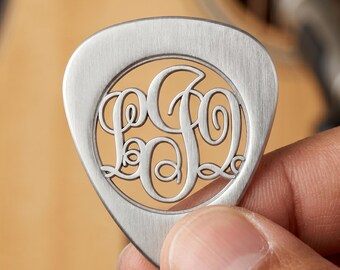 Personalized Sterling Silver Guitar Pick - Custom Interlocking Script Monogram Jewelry - Nickel Free Cut Out Music Gift for Husband or Dad