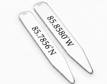 Personalized Latitude Longitude Coordinate Collar Stays In Sterling Silver, Gift for Him, Dad, Groomsmen, Wedding Party - NICKEL FREE