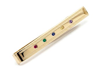 Personalized Family Birthstone Tie Bar | Custom Engraved 925 Sterling Silver Tie Clip | Up to 9 Birthstones | 14k Gold Plated | Nickel-Free
