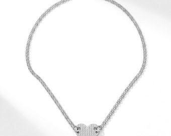 Custom Initial Heart Necklace 925 Sterling Silver • 14k Gold Plated Double Chain Tag • Mirror Finish Monogram Gift for Her