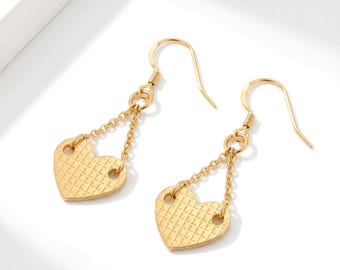 Custom Initial Fish Hook Dangle Earrings 925 Sterling Silver • 14k Gold Plated Double Chain Heart Drop • Mirror Finish Monogram Gift for Her