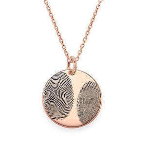 Two Actual Fingerprints 3/4&quot; disc Necklace in 18k Rose Gold Plated 925 Sterling Silver, Personalized Fingerprint Jewelry, NICKEL FREE