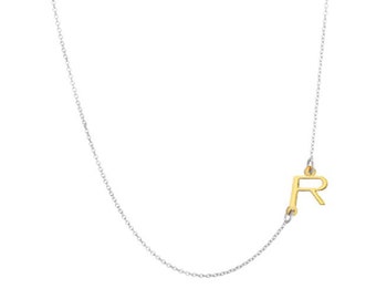 Personalize Sideways initial necklace 1/2" any initial handmade pendant in Two Tone 925 sterling silver NICKEL FREE