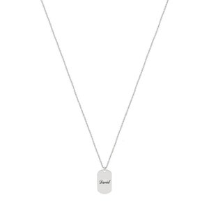 May include: Silver chain necklace with a silver dog tag pendant engraved with the name "David".