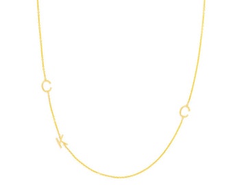 Sideways initial Two Sides necklace 3/8&quot; any three initials handmade pendant in 18k yellow gold plated 925 sterling silver NICKEL FREE