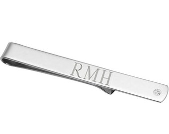 Personalized Diamond Accent Tie Clip in 925 Sterling Silver, Custom Engraved Roman Numerals, Numbers, Dates, letters or Latitude NICKEL FREE