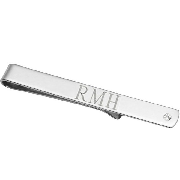 Personalized Diamond Accent Tie Clip in 925 Sterling Silver, Custom Engraved Roman Numerals, Numbers, Dates, letters or Latitude NICKEL FREE