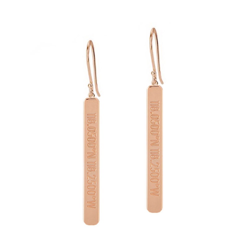 Custom Made Latitude Longitude Coordinate long drop Dangle Earrings in 18k Rose Gold Plated 925 Sterling Silver NICKEL FREE image 1