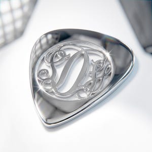Custom Interlocking Script Monogram Jewelry - Personalized Sterling Silver Guitar Pick - Nickel Free Cut Out Music Gift for Husband or Dad image 4