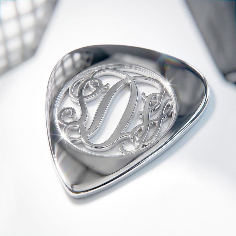 Custom Interlocking Script Monogram Jewelry - Personalized Sterling Silver Guitar Pick - Nickel Free Cut Out Music Gift for Husband or Dad image 4