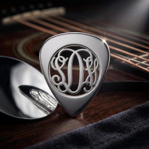 Custom Interlocking Script Monogram Jewelry - Personalized Sterling Silver Guitar Pick - Nickel Free Cut Out Music Gift for Husband or Dad image 2