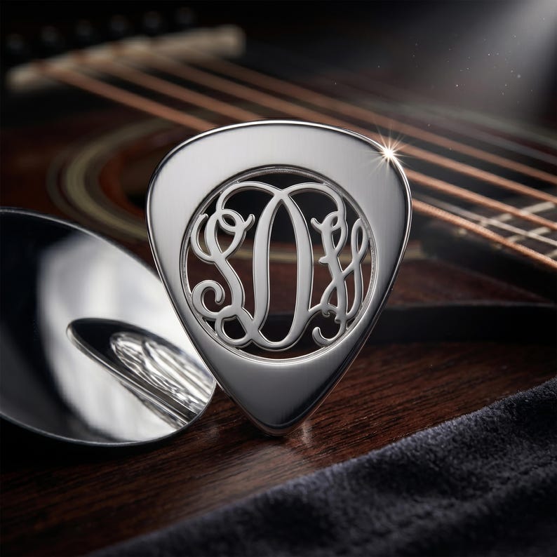 Custom Interlocking Script Monogram Jewelry - Personalized Sterling Silver Guitar Pick - Nickel Free Cut Out Music Gift for Husband or Dad image 2