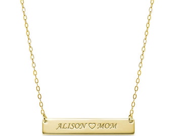 14k solid yellow gold 1&quot; bar engravable Gold Bar Necklace, two name nameplate w heart, Love mom name bar NICKEL FREE