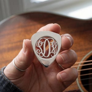 Custom Interlocking Script Monogram Jewelry - Personalized Sterling Silver Guitar Pick - Nickel Free Cut Out Music Gift for Husband or Dad image 8