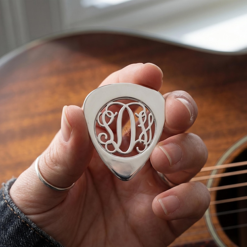 Custom Interlocking Script Monogram Jewelry - Personalized Sterling Silver Guitar Pick - Nickel Free Cut Out Music Gift for Husband or Dad image 8