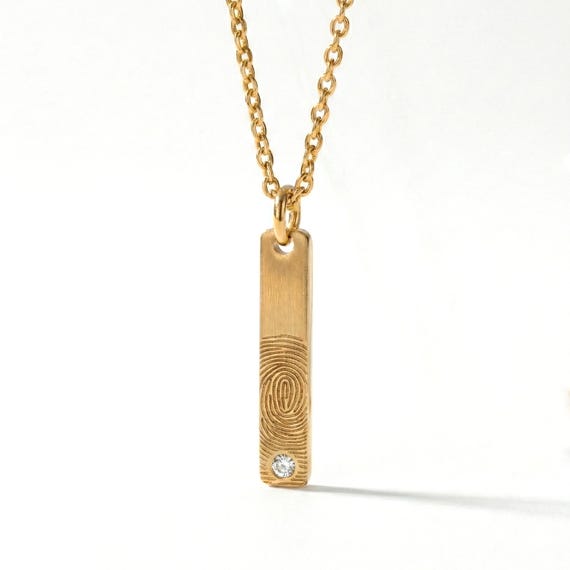 Natural Diamond Actual Fingerprint Bar Pendant Necklace In Sterling Silver, Yellow/Rose/White Gold Plated, Personalized Memorial Jewelry
