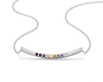 Custom Family Birthstones Curved Bar Necklace In 925 Sterling Silver | Gold Plating | NICKEL FREE