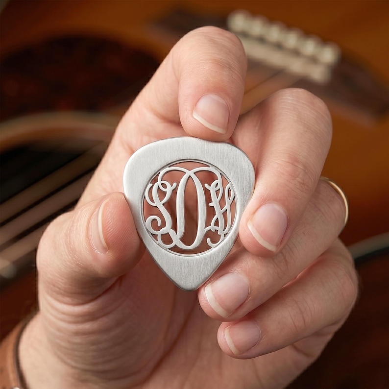 Custom Interlocking Script Monogram Jewelry - Personalized Sterling Silver Guitar Pick - Nickel Free Cut Out Music Gift for Husband or Dad image 7
