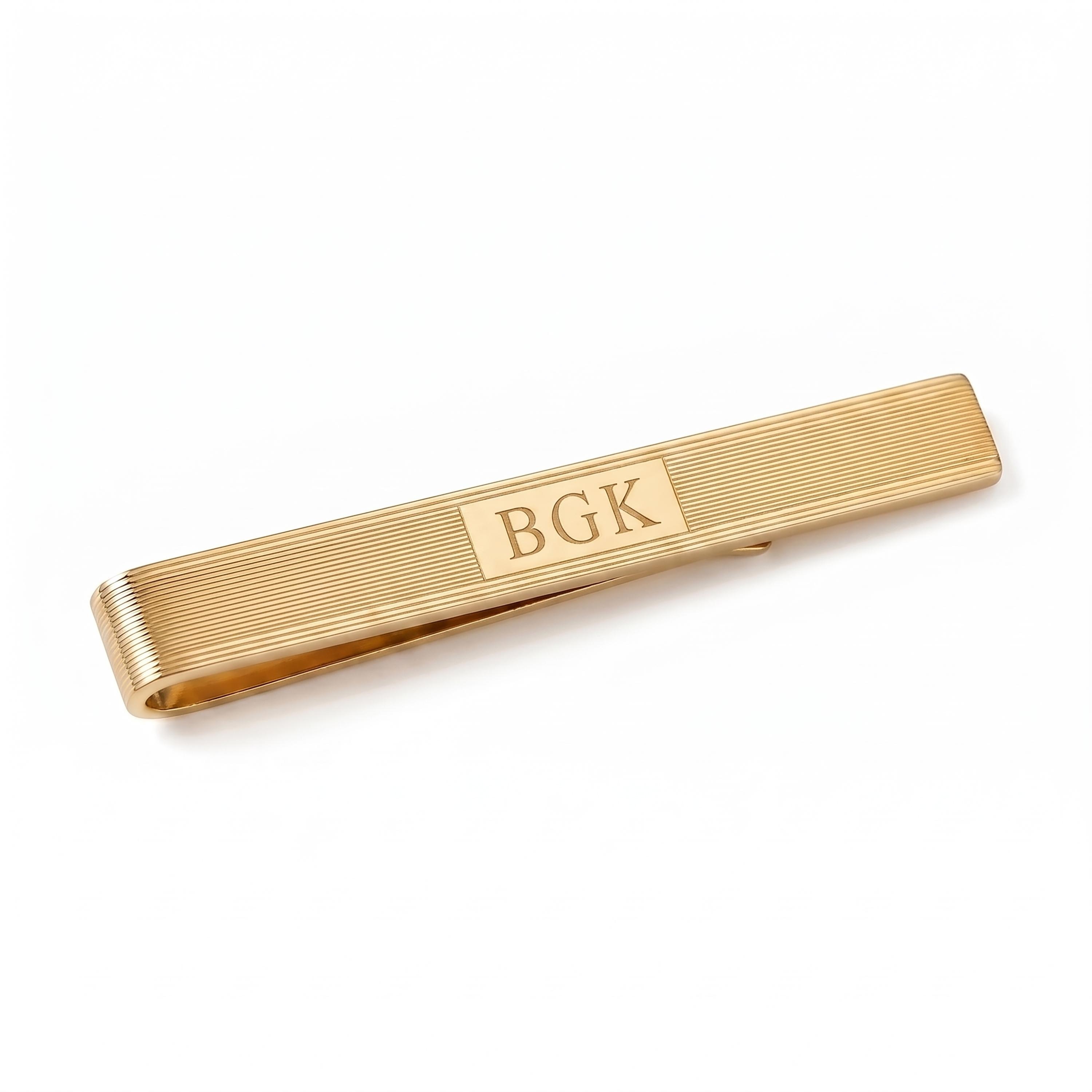 Custom Engraved Linear Textured Tie Bar * 14K Solid Gold & 925 Sterling Silver Hinged Tie Clip