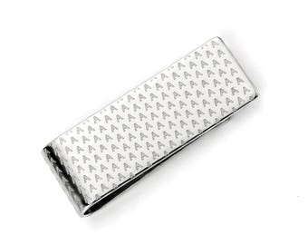 Personalized Initial Long Money Clip • Repeating A-Z Monogram Pattern • Mirror Finish Solid 14k Gold or 925 Sterling Silver