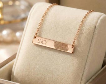 Actual Fingerprint & Name Horizontal Bar Necklace In 925 Sterling Silver, Yellow/Rose/White Gold  Personalized Memorial Jewelry NICKEL FREE