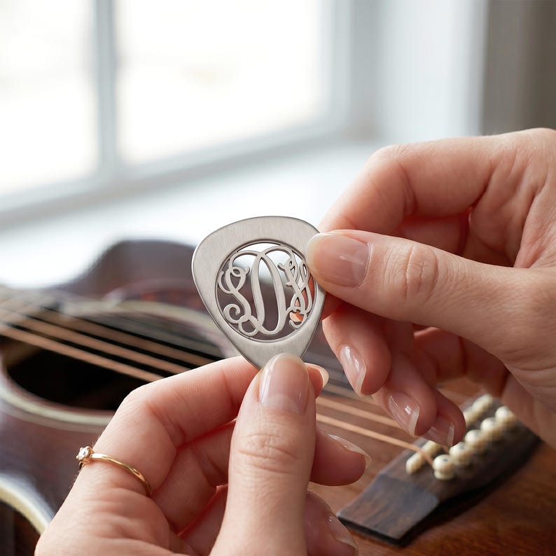 Custom Interlocking Script Monogram Jewelry - Personalized Sterling Silver Guitar Pick - Nickel Free Cut Out Music Gift for Husband or Dad image 3