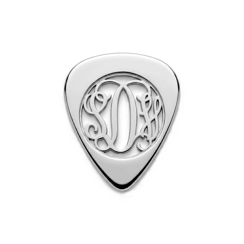Custom Interlocking Script Monogram Jewelry - Personalized Sterling Silver Guitar Pick - Nickel Free Cut Out Music Gift for Husband or Dad image 1