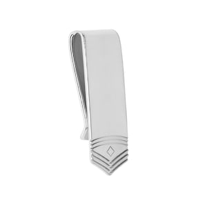 May include: A polished silver-tone money clip. The clip has a rectangular body with a curved top and a decorative bottom with a diamond shape. The clip is designed to hold bills securely.