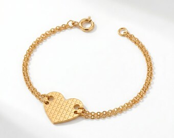 Custom Initial Heart Bracelet 925 Sterling Silver • 14k Gold Plated Double Chain Tag • Mirror Finish Monogram Gift for Her