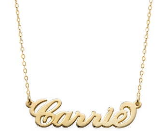 Custom Made Carrie Style Nameplate Necklace select any name to Personalize in 18k Yellow Gold plated 925 Sterling Silver NICKEL FREE